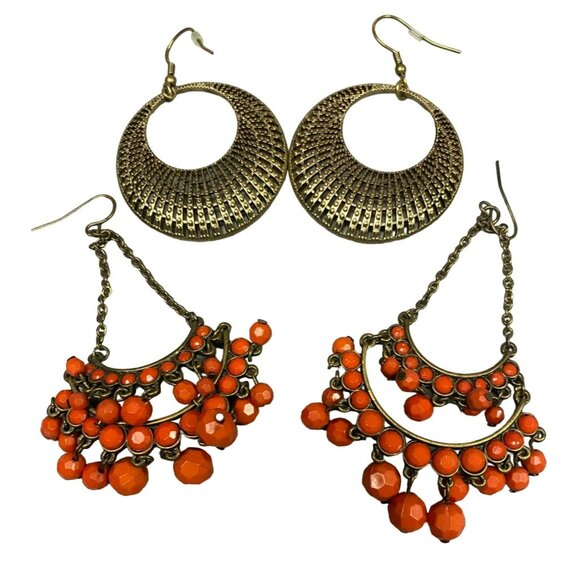 Vintage 2 Pair of Boho Dangle Silver tone and Orange Beaded Chandelier Earrings - Picture 1 of 5